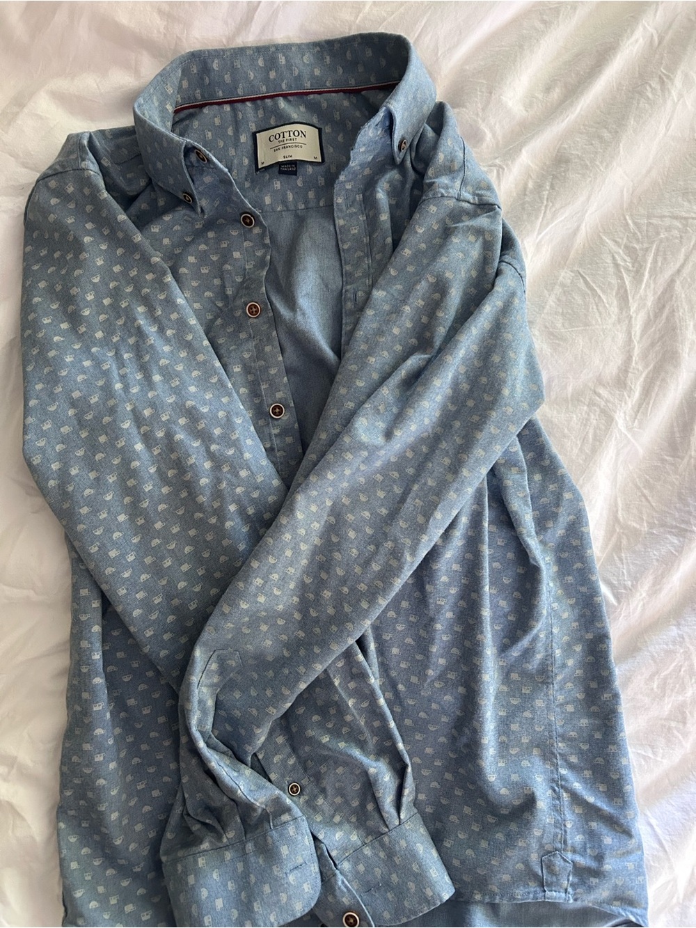 Men’s cotton button down shirt with coffee mug print